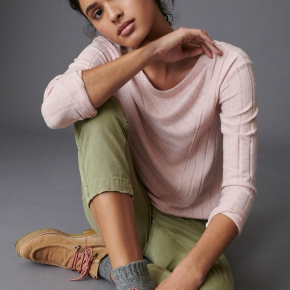 ANTHROPOLOGIE Maeve Devine Textured Long Sleeve Side Slit Blush Pink Tunic Top - Picture 1 of 11
